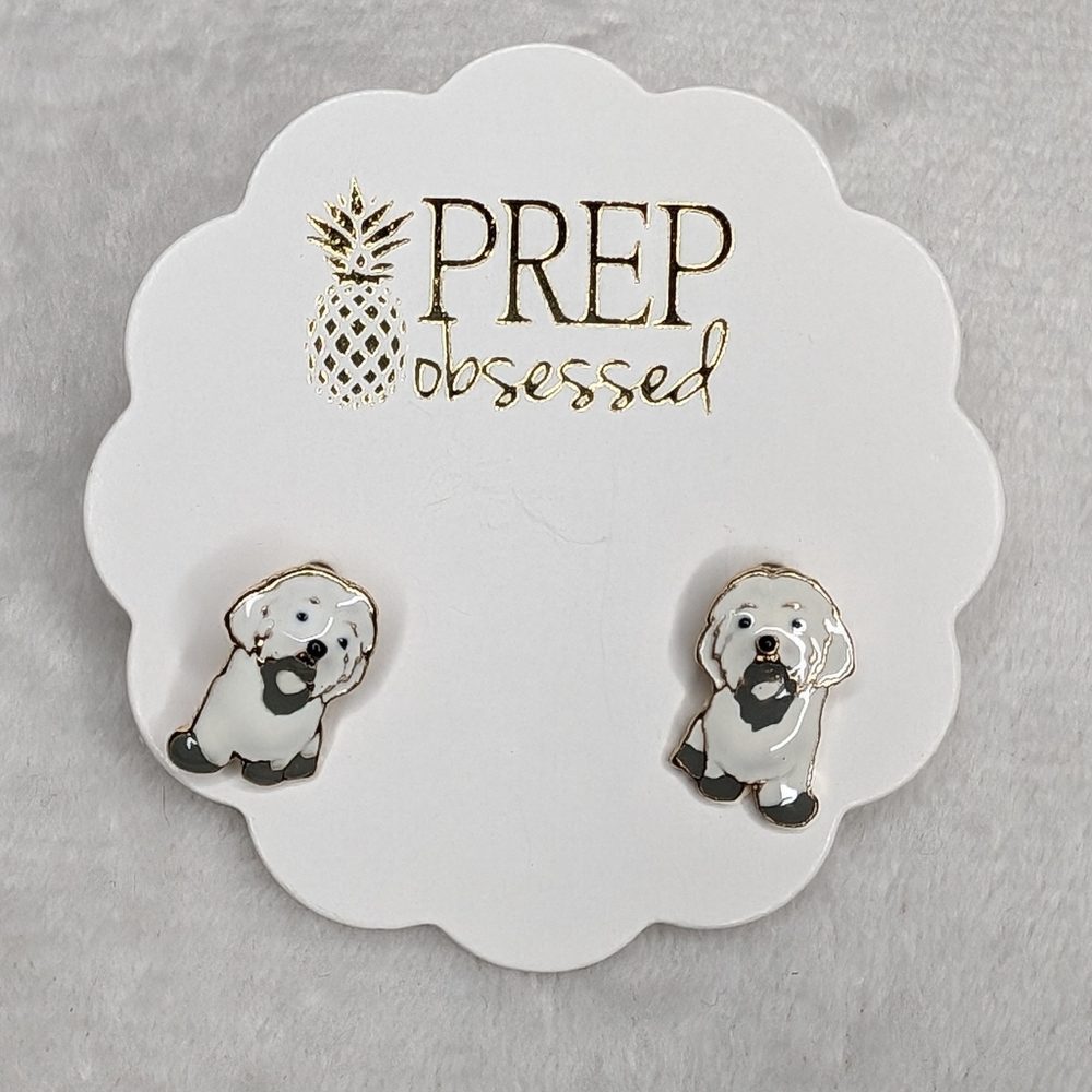White Dog Enamel Stud Earrings
